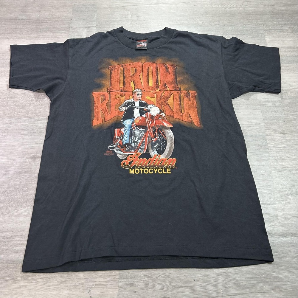 VINTAGE Indian Motorcycle Shirt Mens Large Black Iron Redskin Biker Graphic 1994